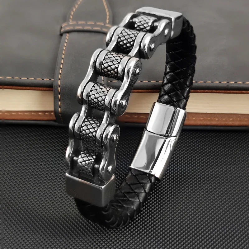 Classic Chain Leather Bracelet Stainless Steel