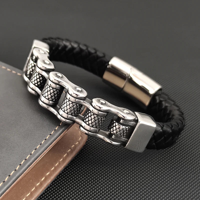 Classic Chain Leather Bracelet Stainless Steel
