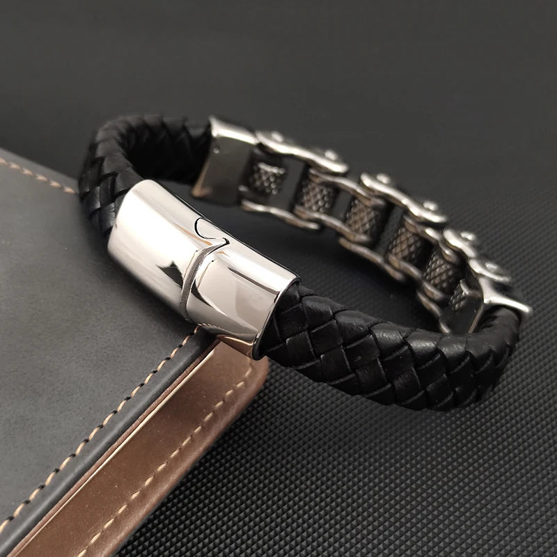 Classic Chain Leather Bracelet Stainless Steel