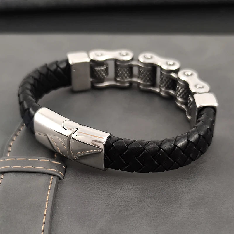 Classic Chain Leather Bracelet Stainless Steel